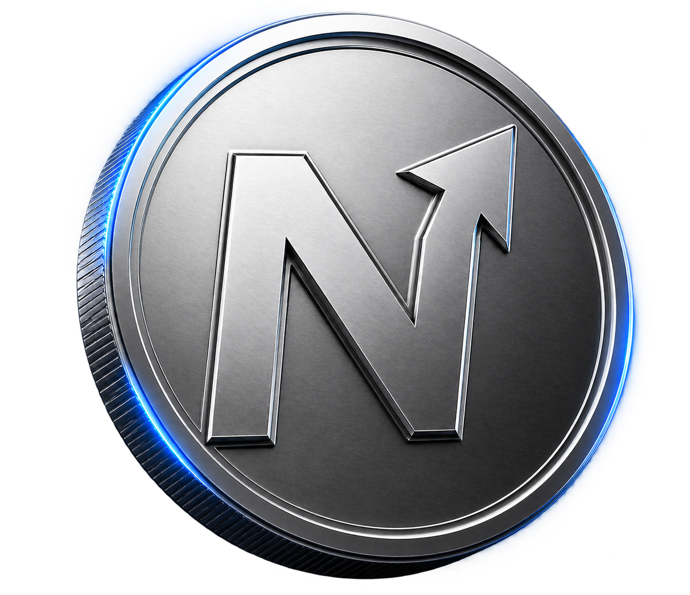 Silver $NEXT coin with a raised N and upward arrow, shown at an angle with a reeded edge